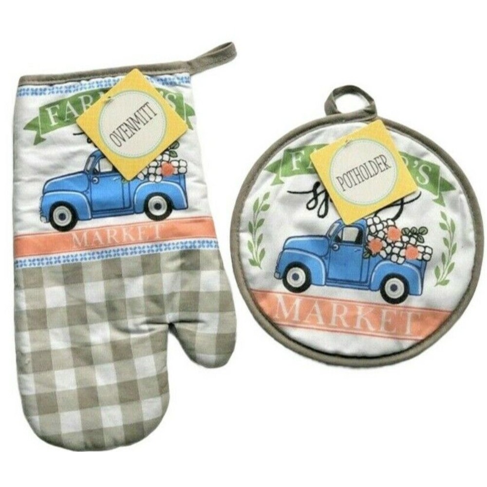 Blue Farm Truck Potholder Oven Mitt Gray Buffalo Plaid Spring Cotton Set of 2
